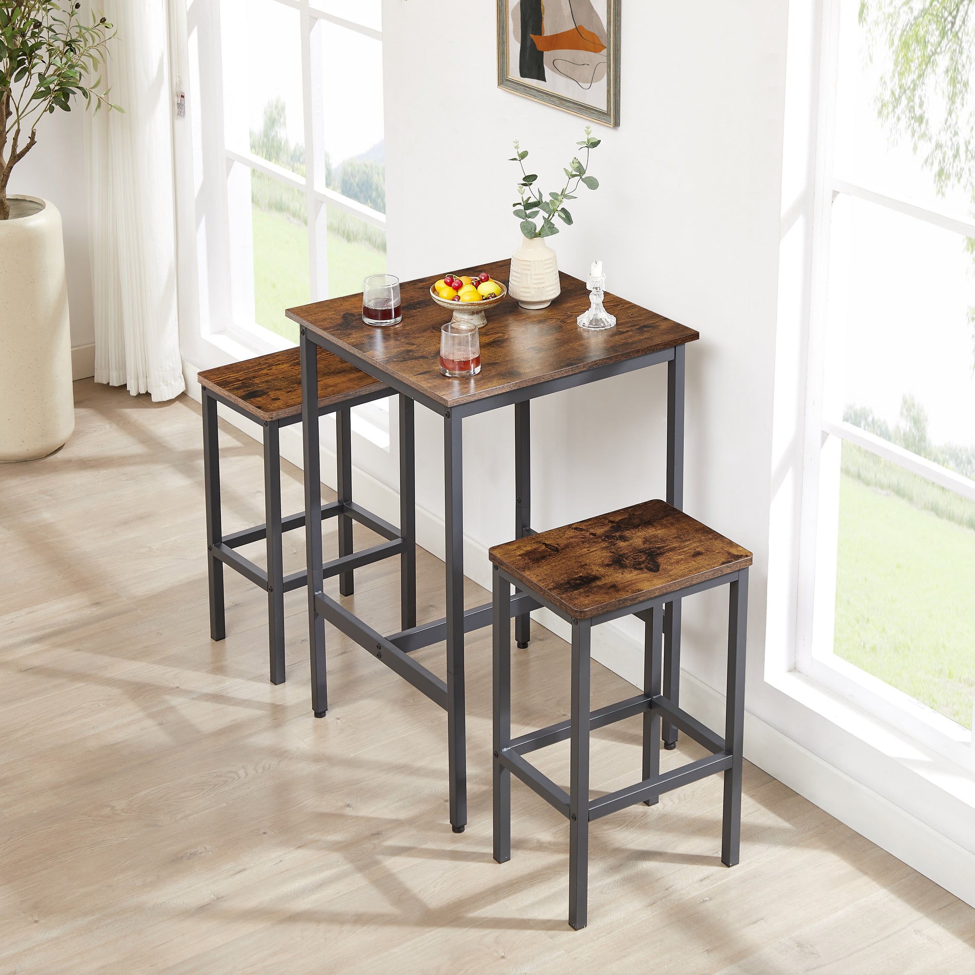 Industrial Style 3-Piece Bar Table Set, Rustic Brown and Black - CALCUMART