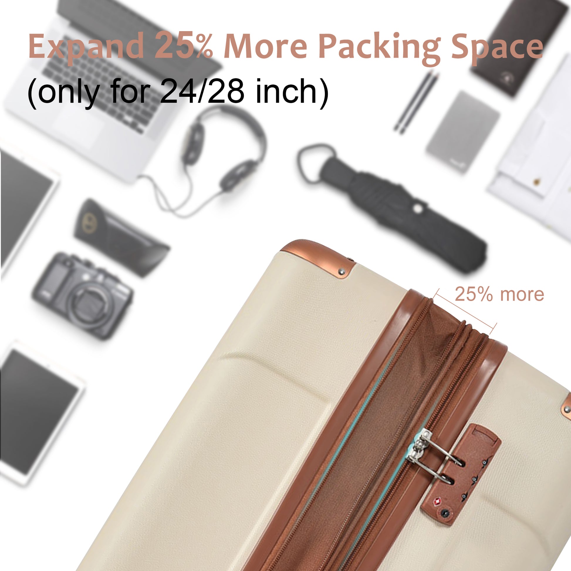 24'' Lightweight Expandable Hardshell Spinner Suitcase, ABS, Brown & White, w/TSA Lock (Single Luggage) - CALCUMART