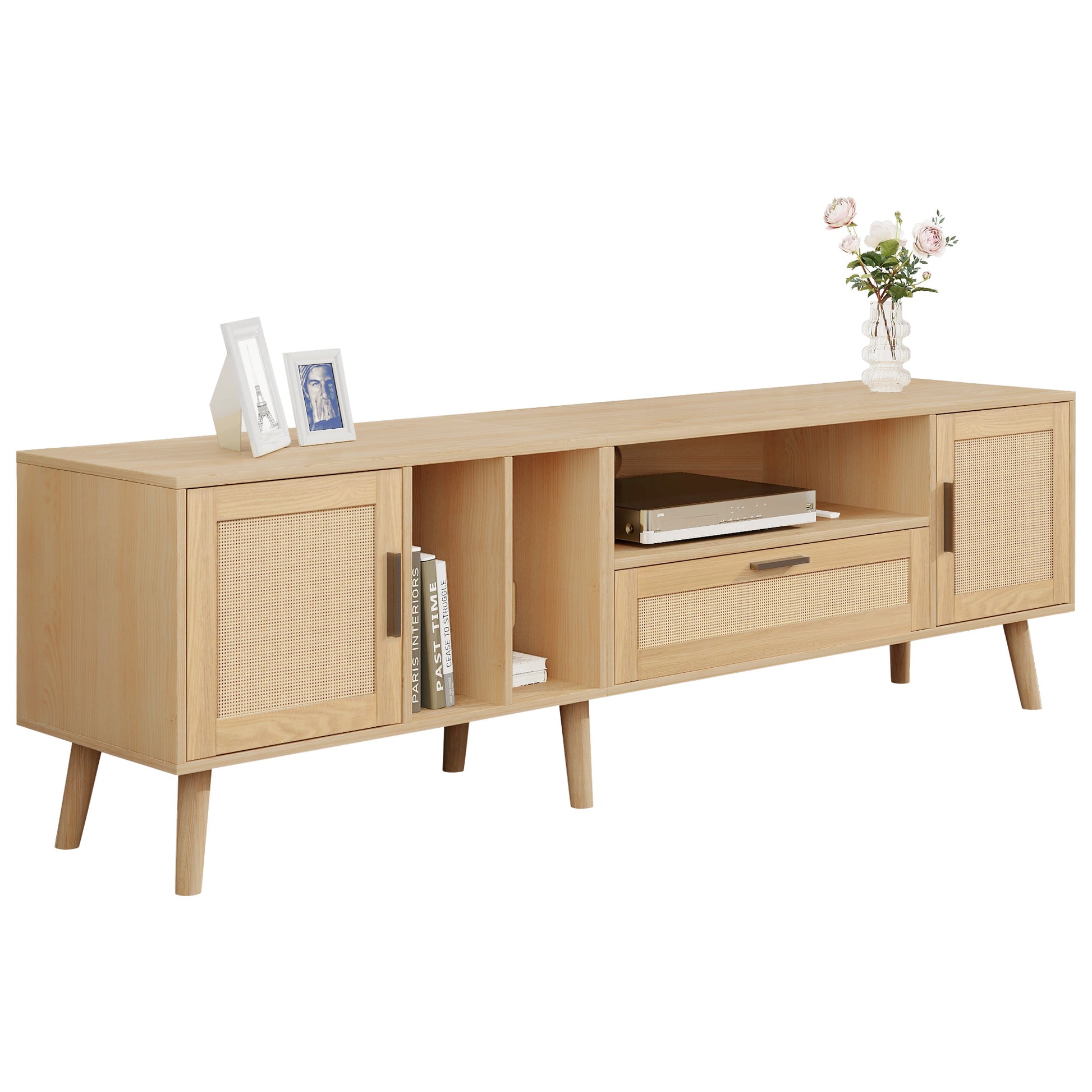 Vine TV Stand — 2 Cabinets, 2 Open Shelves, Solid Wood Legs (Up to 80" TVs) - CALCUMART