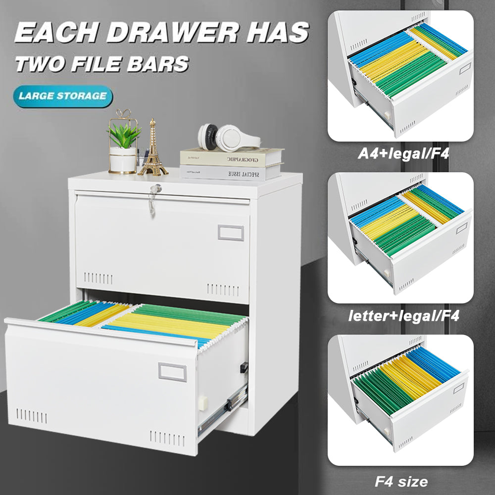 White Horizontal File Cabinet w/Lock - 2 Drawer Metal Filing Cabinet for Legal Documents & Office Use - CALCUMART