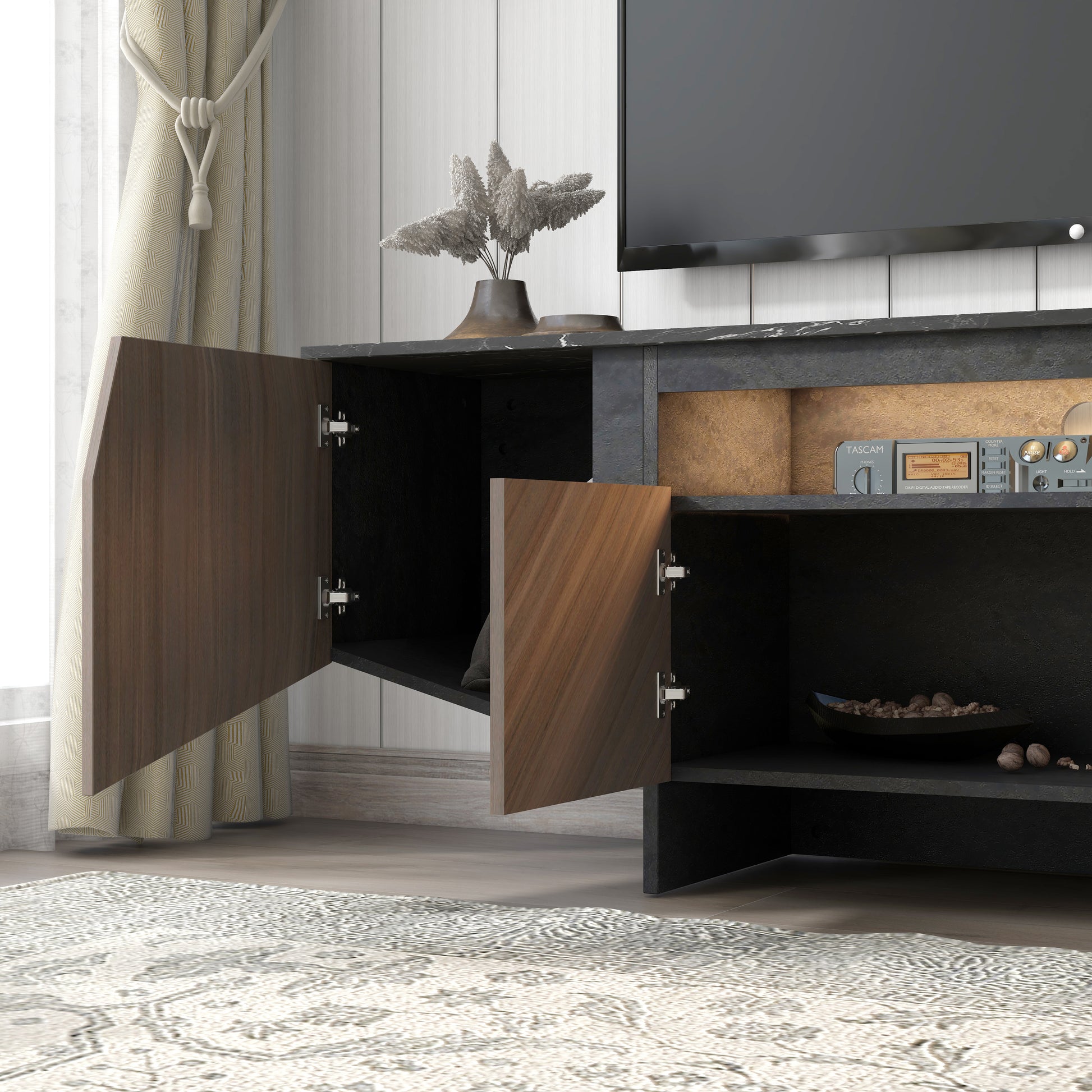 63-Inch TV Stand with LED Lights, Storage Cabinet, Shelves — Entertainment Center for Living Room & Bedroom - CALCUMART