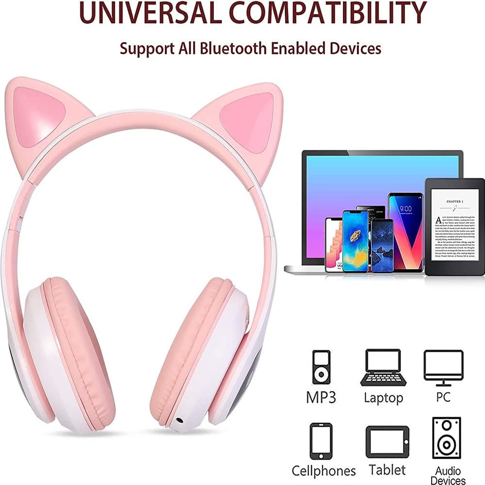 STN-28 Foldable Over Ear Music Headset with Glowing Cat Ear Headphones, Wireless BT5.0 Earphone, Mic, and LED Lights for PC and Mobile Devices - CALCUMART