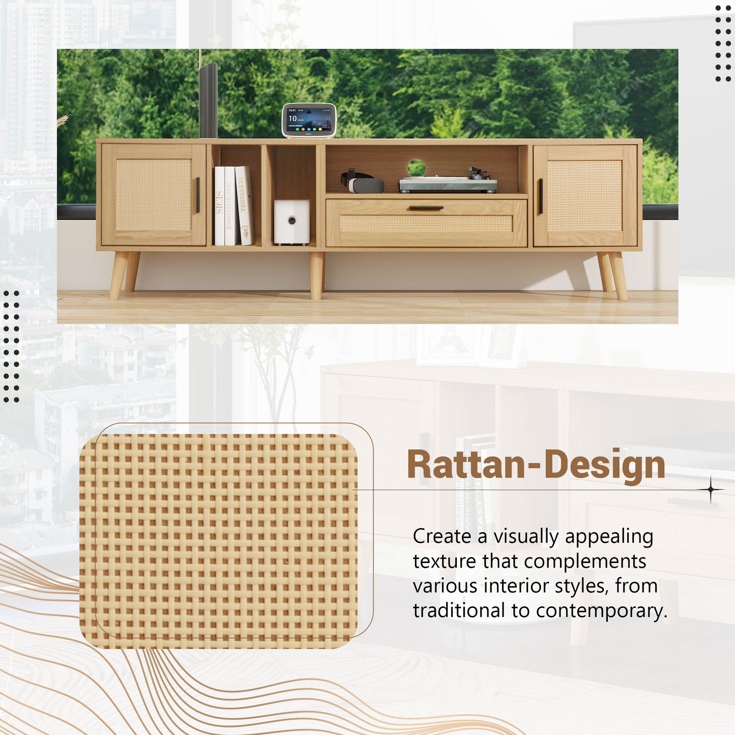 Vine TV Stand — 2 Cabinets, 2 Open Shelves, Solid Wood Legs (Up to 80" TVs) - CALCUMART