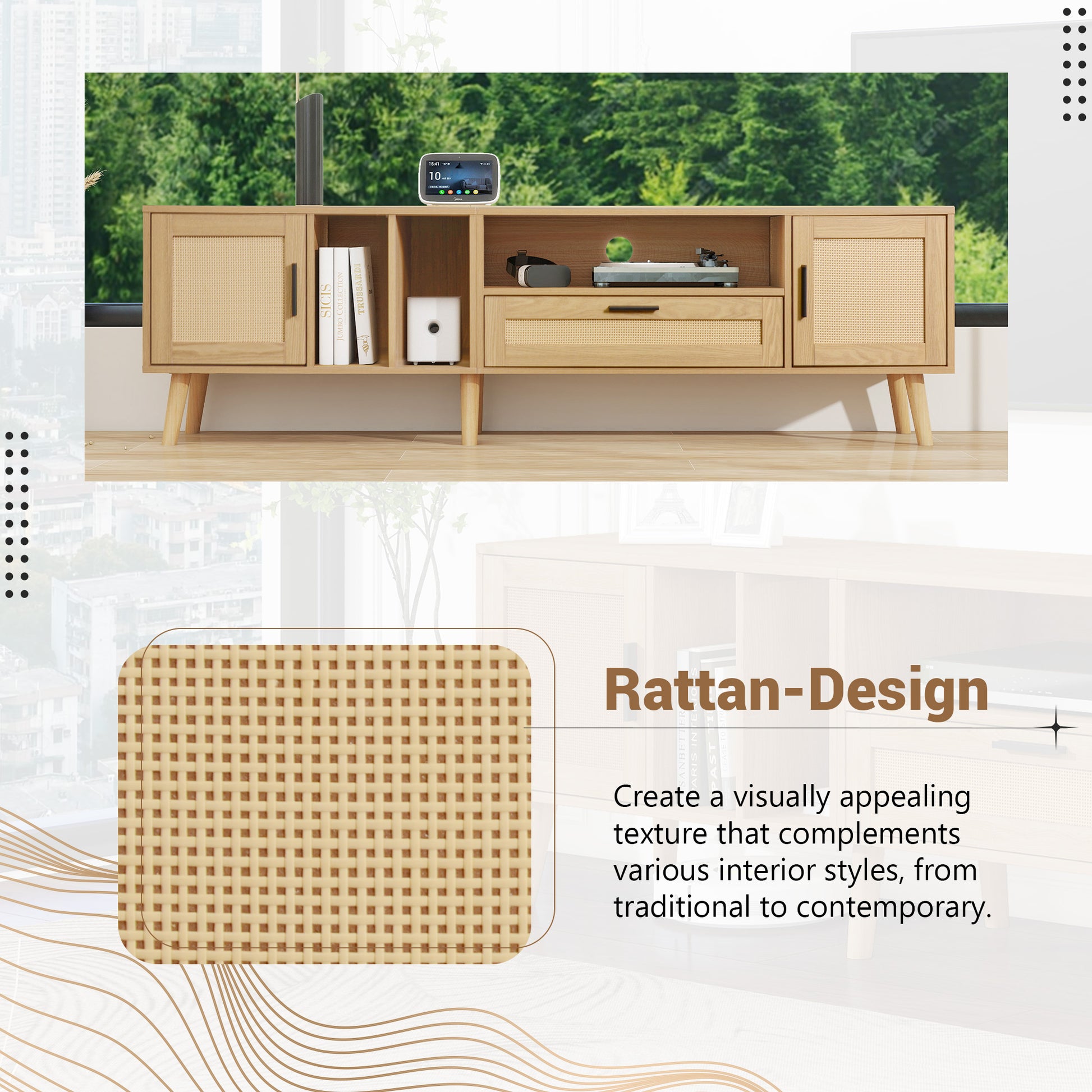 Vine TV Stand — 2 Cabinets, 2 Open Shelves, Solid Wood Legs (Up to 80" TVs) - CALCUMART