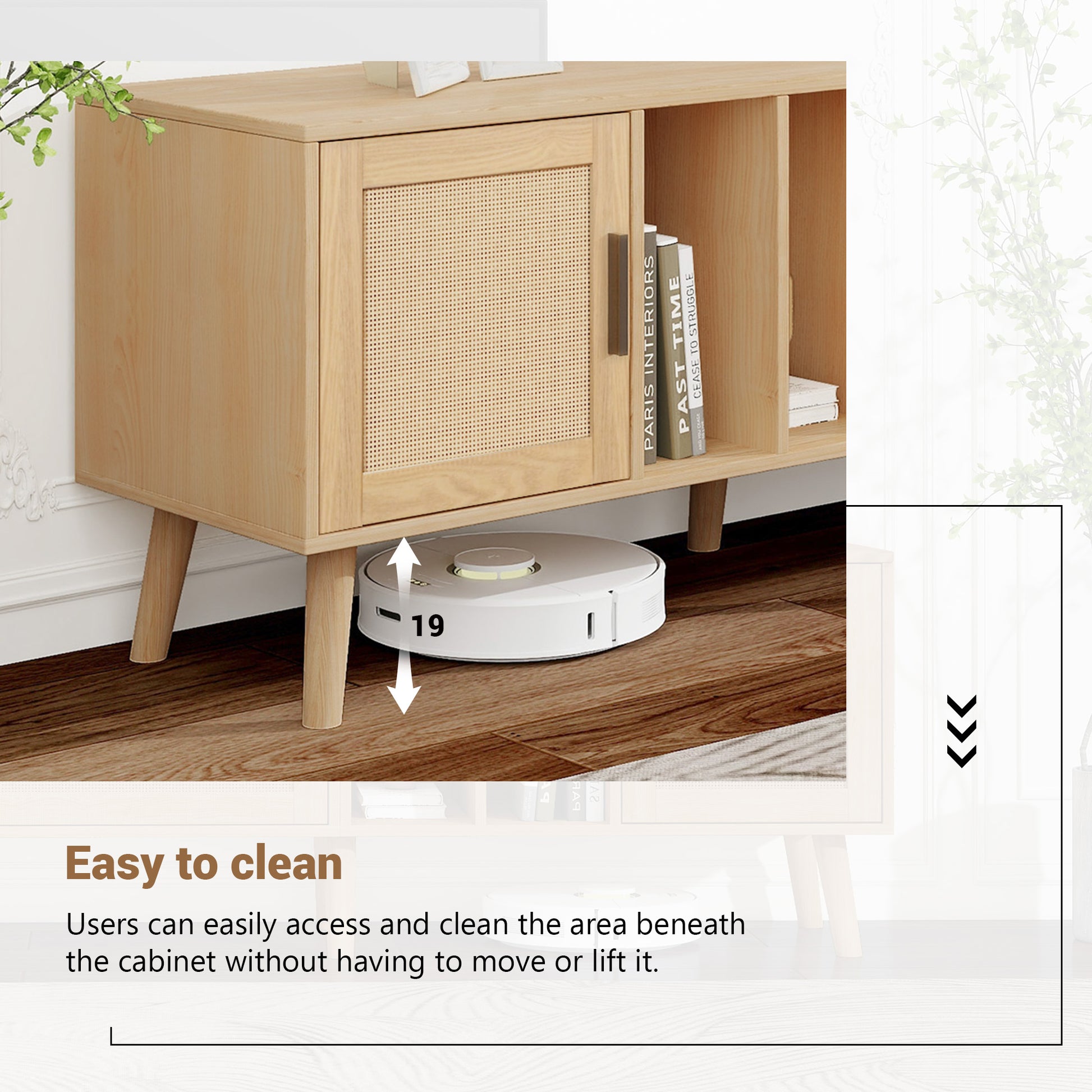 Vine TV Stand — 2 Cabinets, 2 Open Shelves, Solid Wood Legs (Up to 80" TVs) - CALCUMART