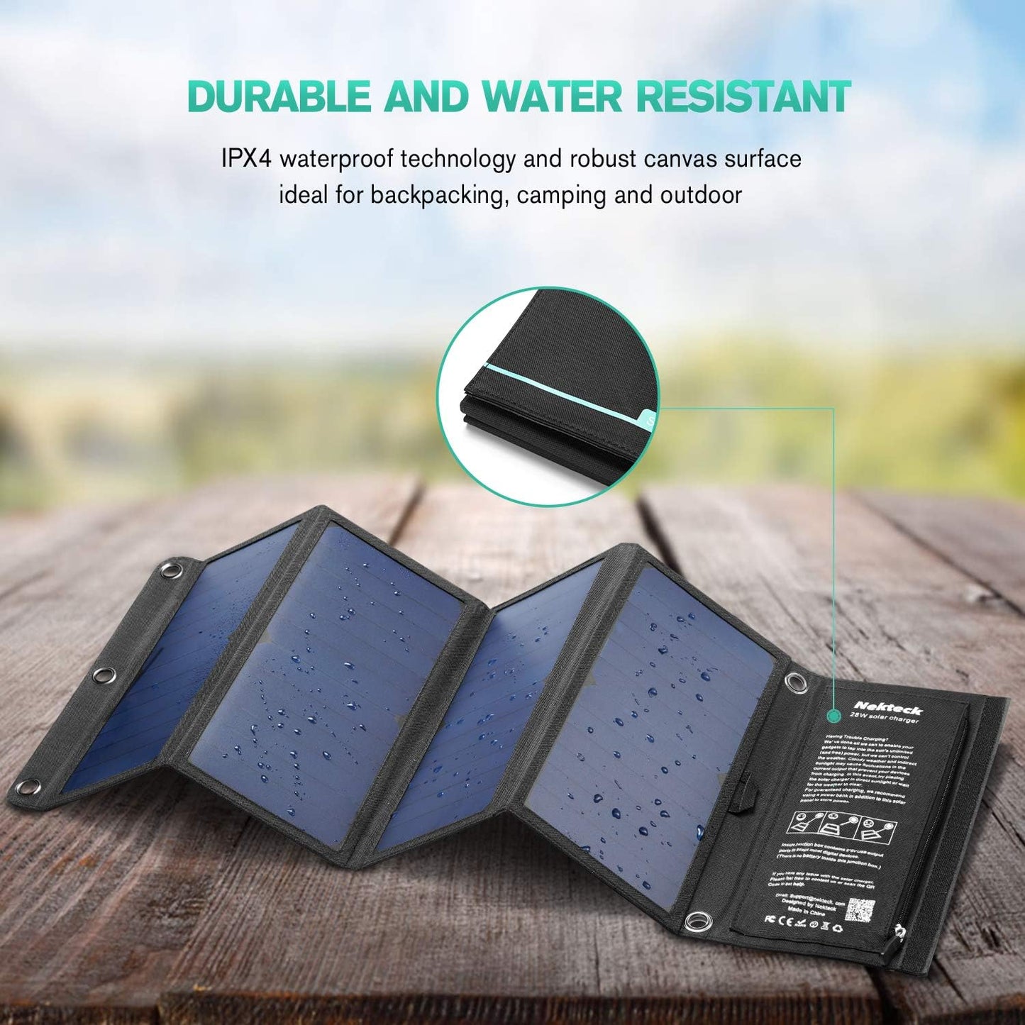 Nekteck 28W Portable Solar Charger with 2 USB Ports - IPX4 Waterproof for Hiking, Camping, and More - Compatible with iPhone, iPad, Samsung Galaxy, and Cameras - CALCUMART
