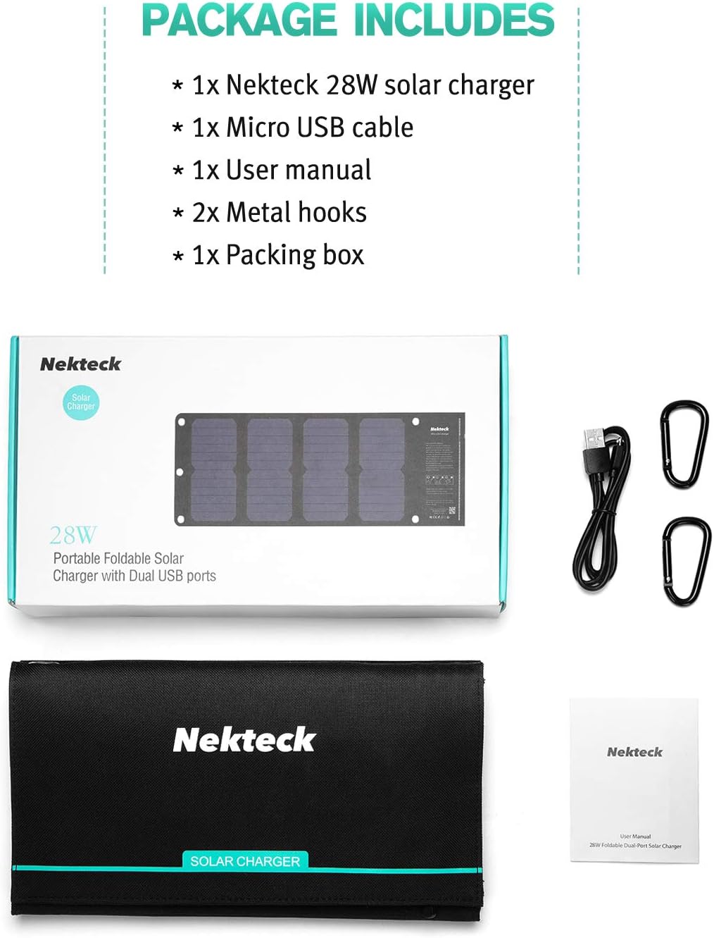 Nekteck 28W Portable Solar Charger with 2 USB Ports - IPX4 Waterproof for Hiking, Camping, and More - Compatible with iPhone, iPad, Samsung Galaxy, and Cameras - CALCUMART