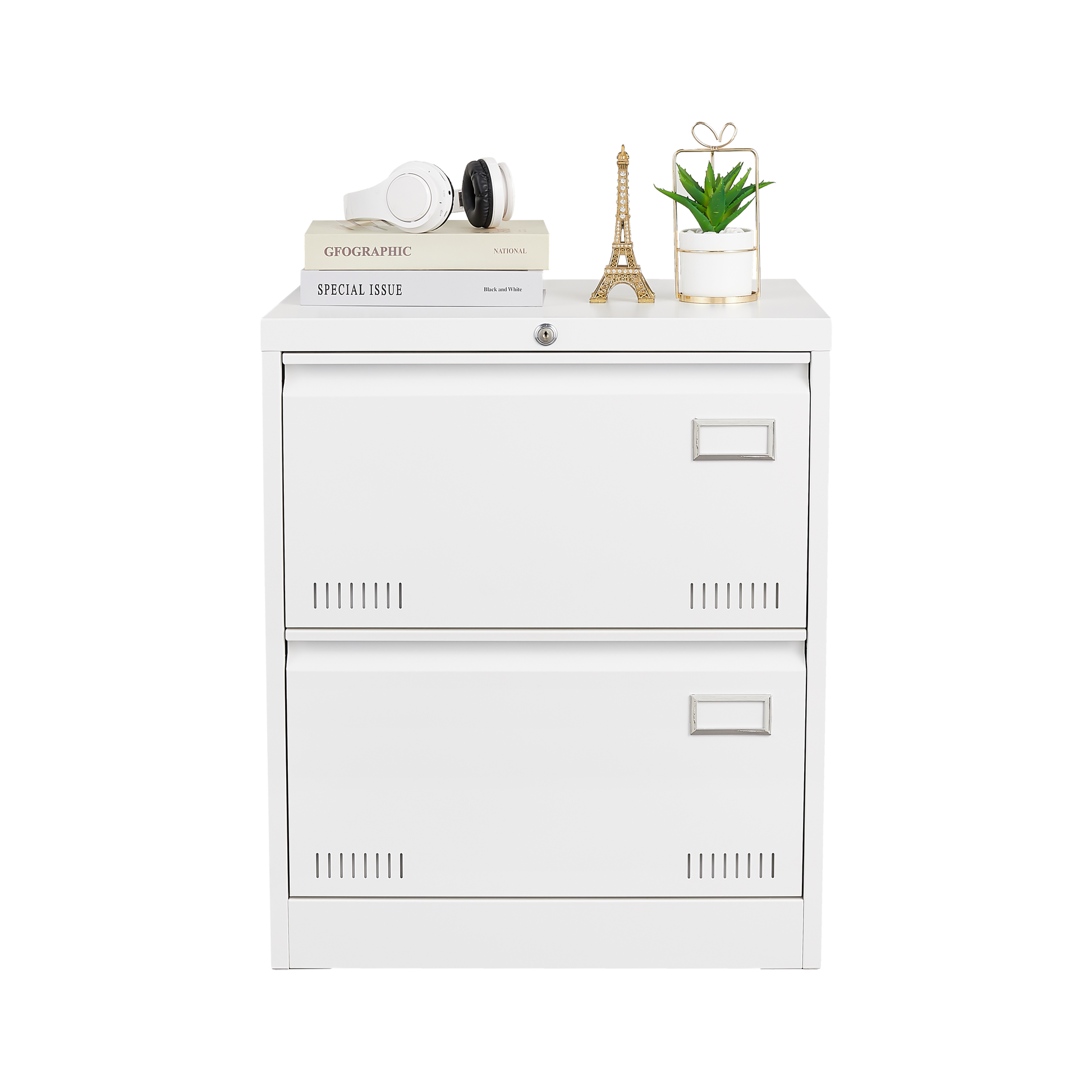 White Horizontal File Cabinet w/Lock - 2 Drawer Metal Filing Cabinet for Legal Documents & Office Use - CALCUMART
