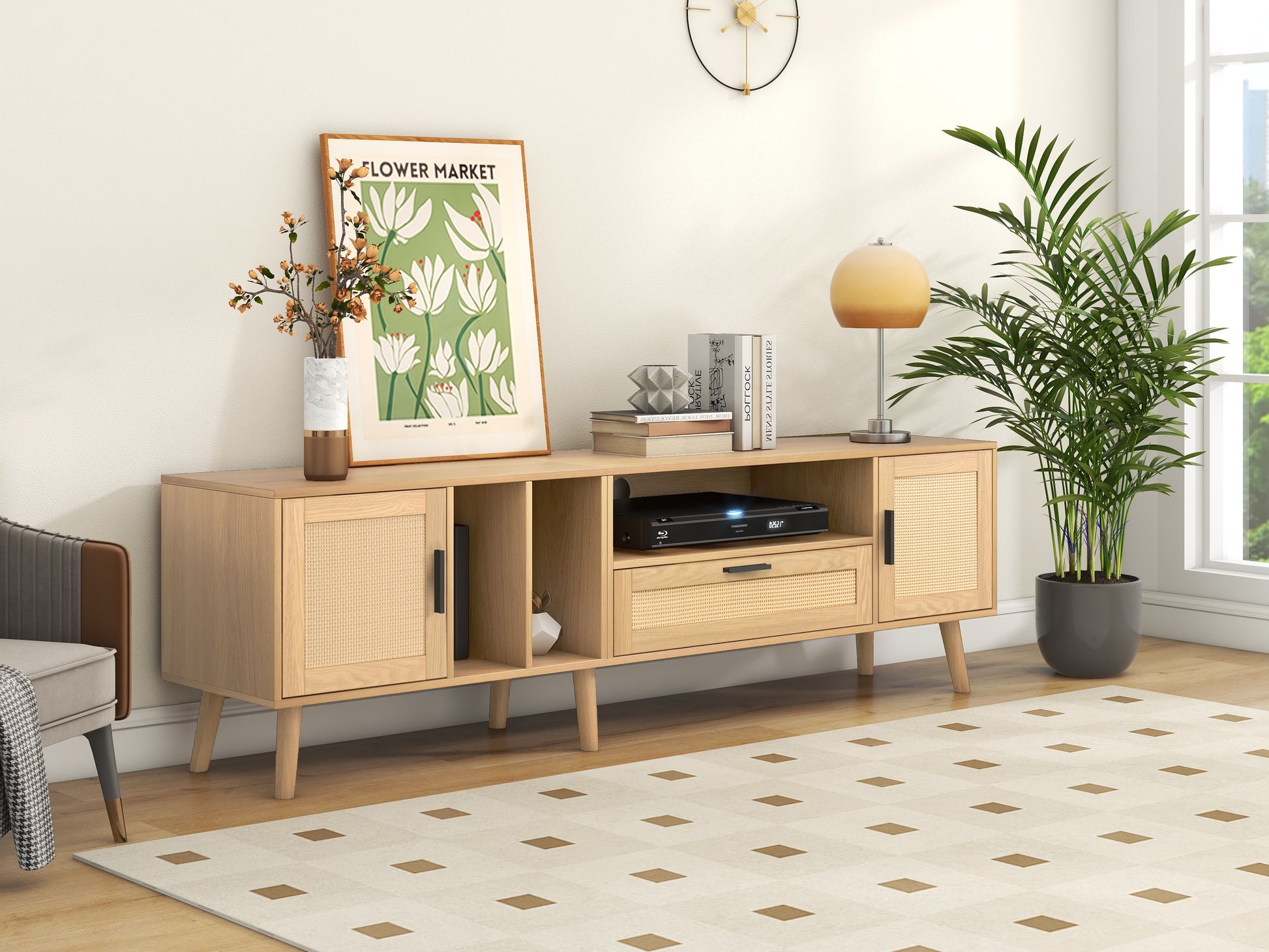 Vine TV Stand — 2 Cabinets, 2 Open Shelves, Solid Wood Legs (Up to 80" TVs) - CALCUMART