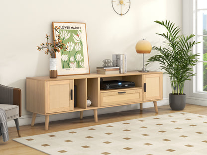 Vine TV Stand — 2 Cabinets, 2 Open Shelves, Solid Wood Legs (Up to 80" TVs) - CALCUMART