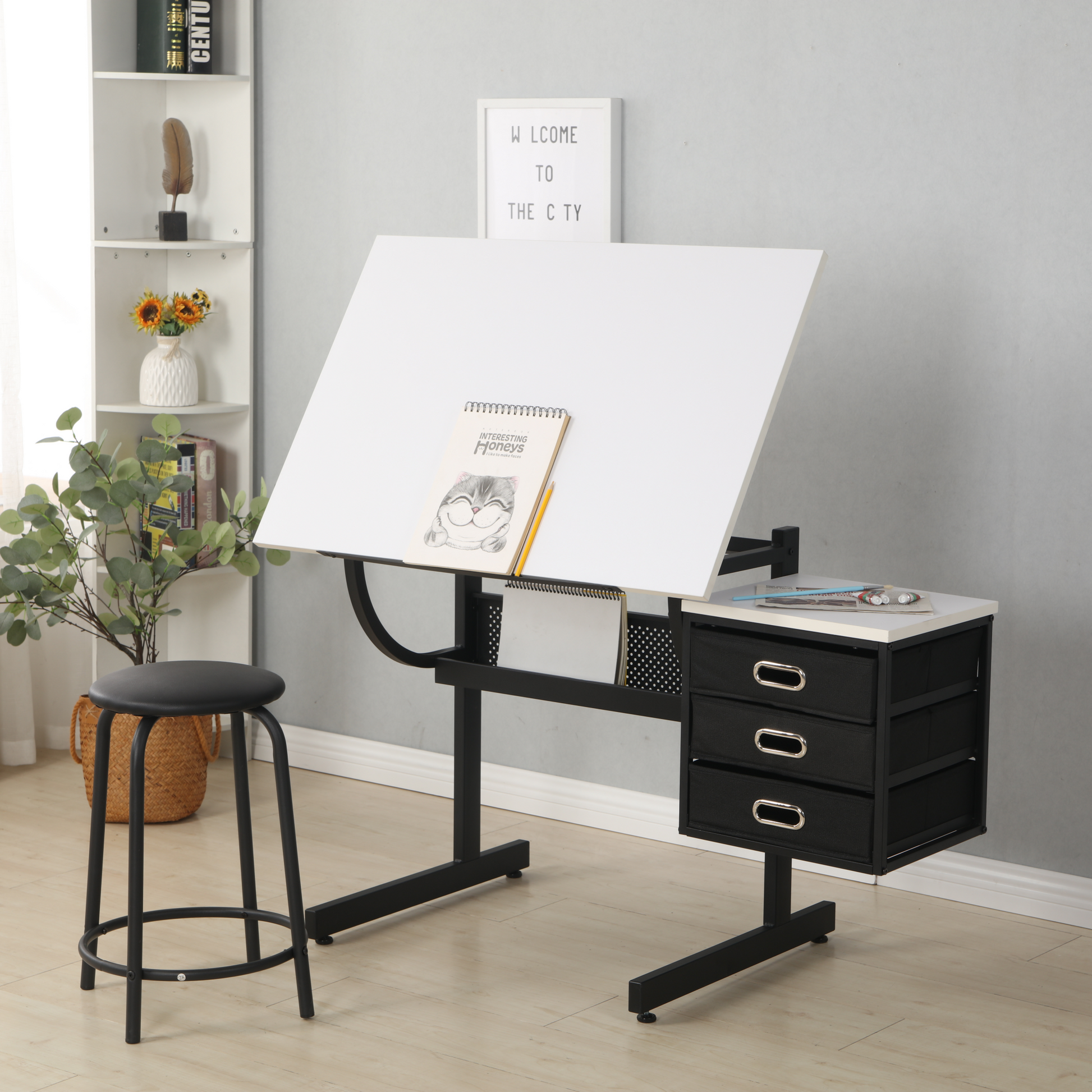Versatile White Drafting Table w/ Adjustable Top, Stool & 3 Drawers - CALCUMART