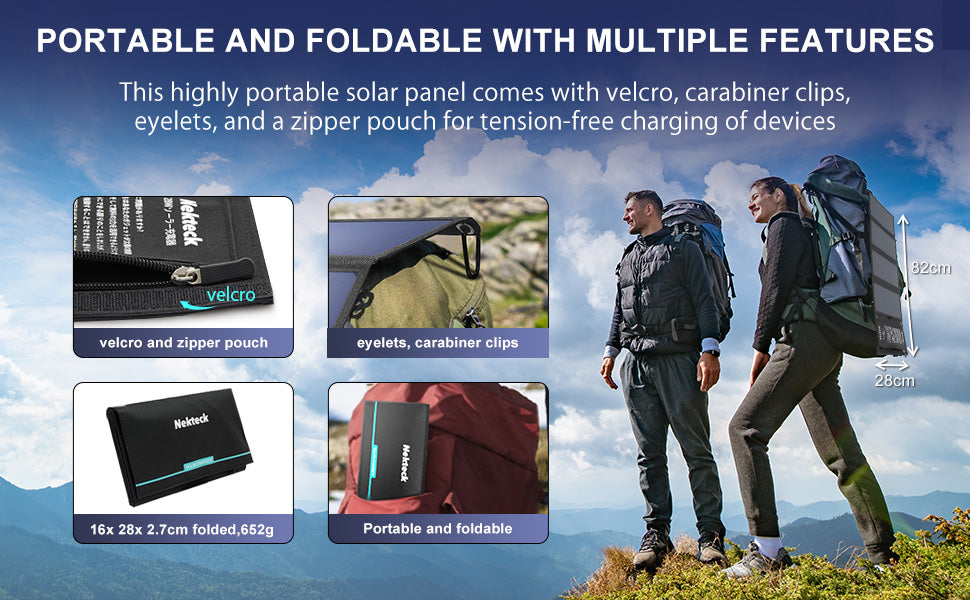 Nekteck 28W Portable Solar Charger with 2 USB Ports - IPX4 Waterproof for Hiking, Camping, and More - Compatible with iPhone, iPad, Samsung Galaxy, and Cameras - CALCUMART