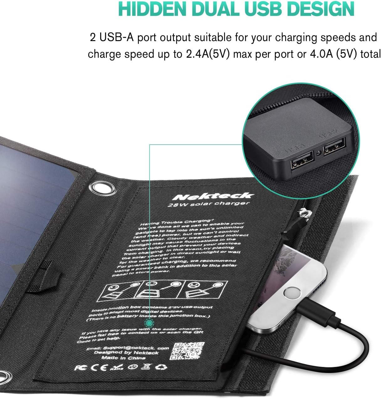 Nekteck 28W Portable Solar Charger with 2 USB Ports - IPX4 Waterproof for Hiking, Camping, and More - Compatible with iPhone, iPad, Samsung Galaxy, and Cameras - CALCUMART