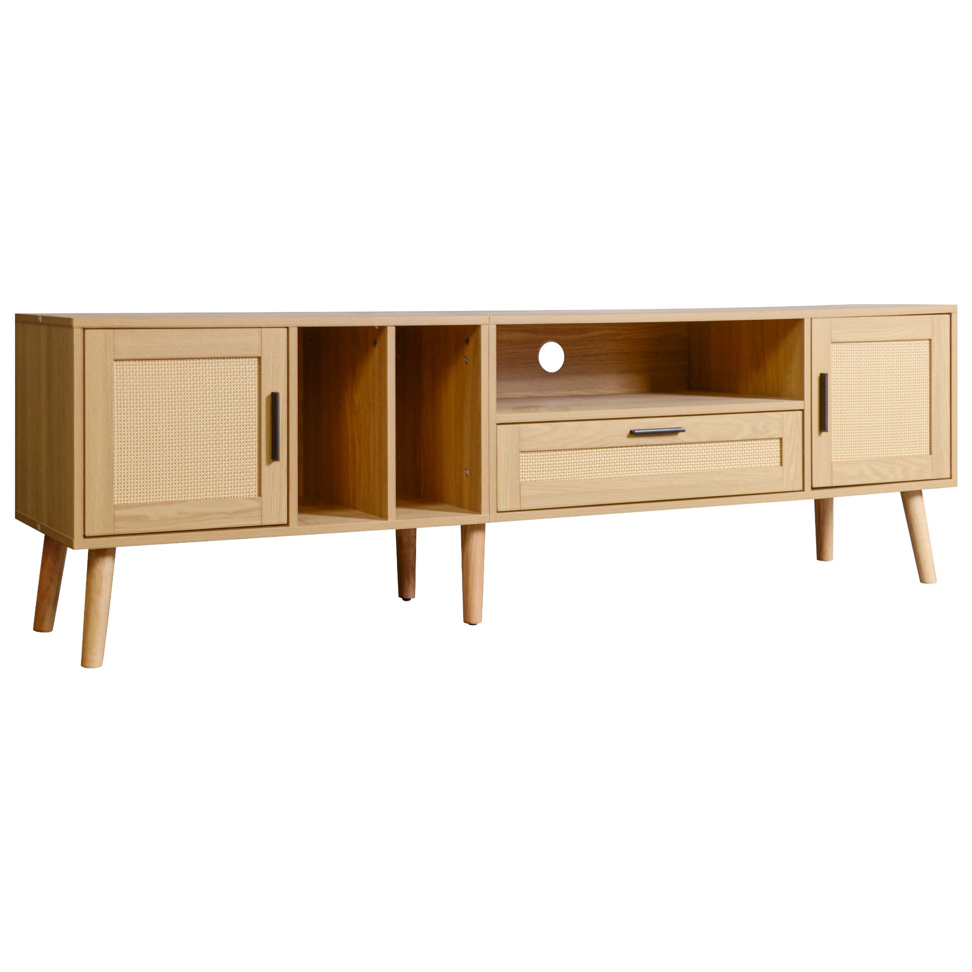 Vine TV Stand — 2 Cabinets, 2 Open Shelves, Solid Wood Legs (Up to 80" TVs) - CALCUMART