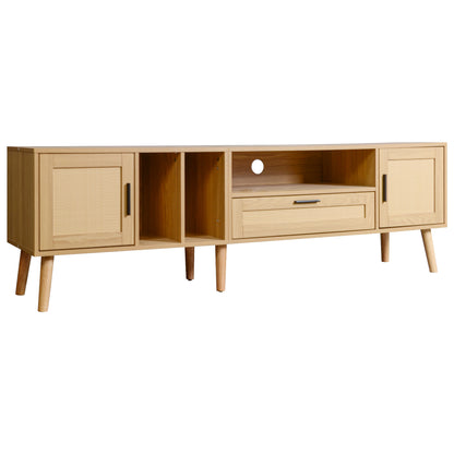 Vine TV Stand — 2 Cabinets, 2 Open Shelves, Solid Wood Legs (Up to 80" TVs) - CALCUMART