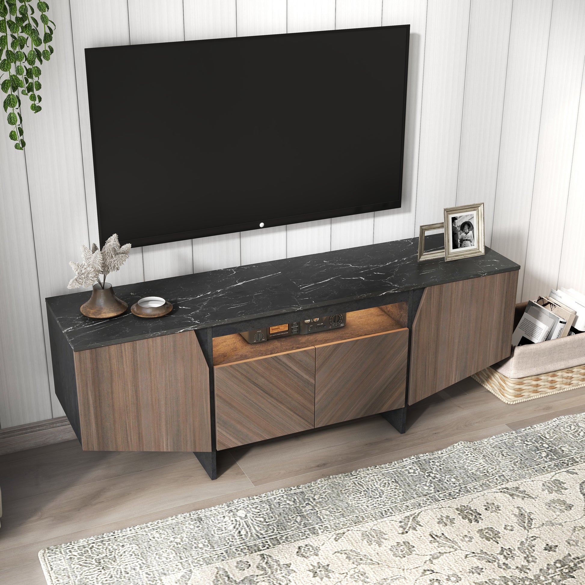 63-Inch TV Stand with LED Lights, Storage Cabinet, Shelves — Entertainment Center for Living Room & Bedroom - CALCUMART