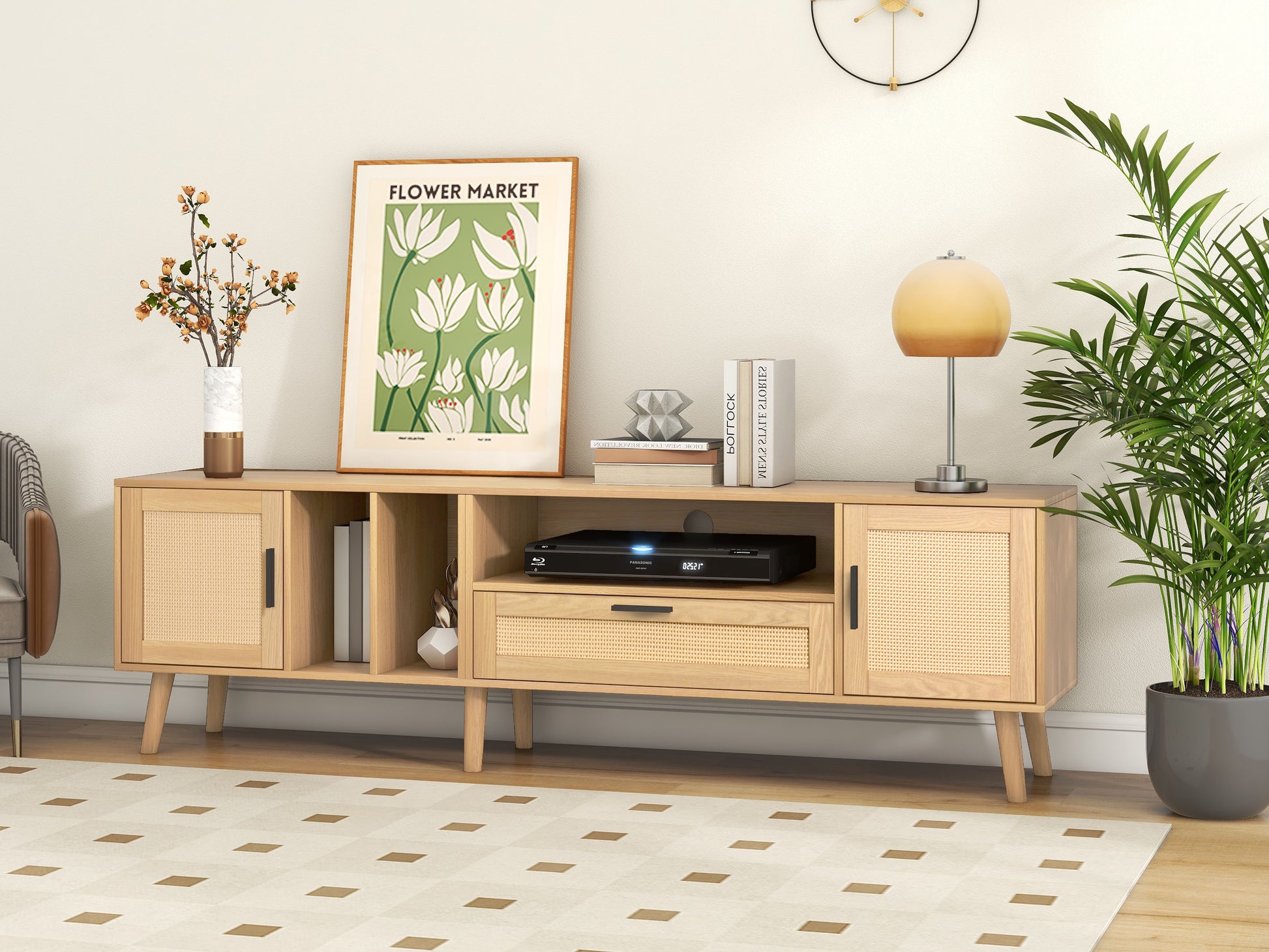 Vine TV Stand — 2 Cabinets, 2 Open Shelves, Solid Wood Legs (Up to 80" TVs) - CALCUMART