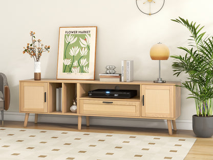 Vine TV Stand — 2 Cabinets, 2 Open Shelves, Solid Wood Legs (Up to 80" TVs) - CALCUMART