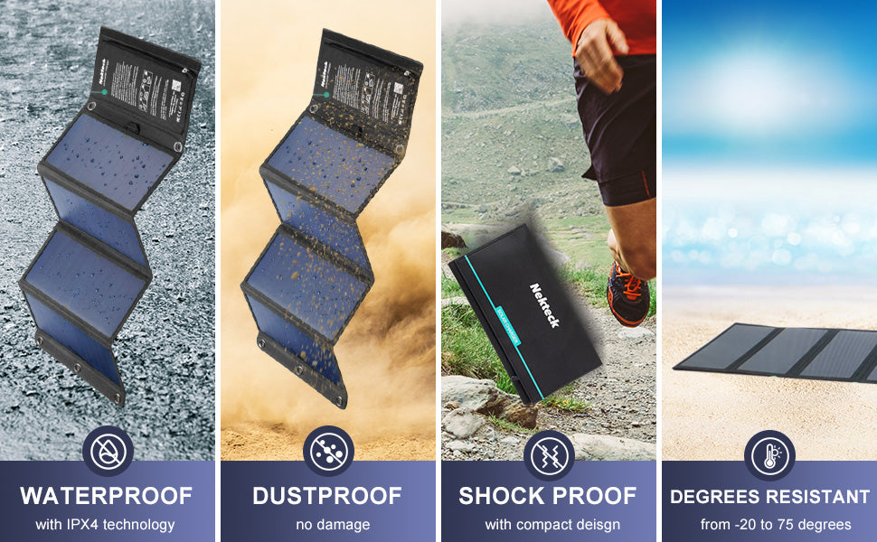 Nekteck 28W Portable Solar Charger with 2 USB Ports - IPX4 Waterproof for Hiking, Camping, and More - Compatible with iPhone, iPad, Samsung Galaxy, and Cameras - CALCUMART