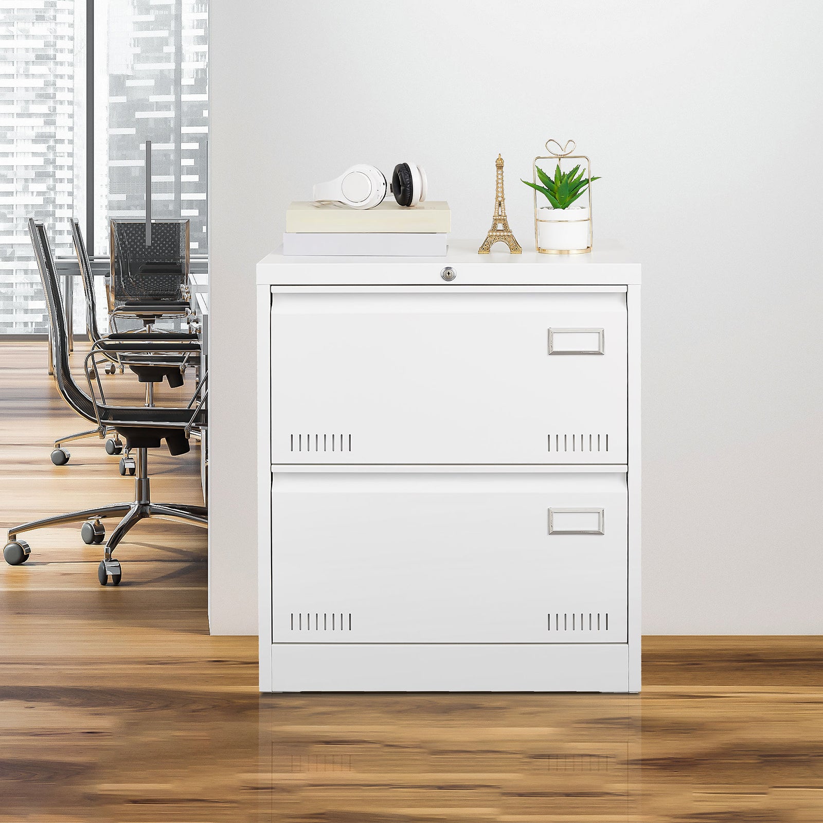 White Horizontal File Cabinet w/Lock - 2 Drawer Metal Filing Cabinet for Legal Documents & Office Use - CALCUMART