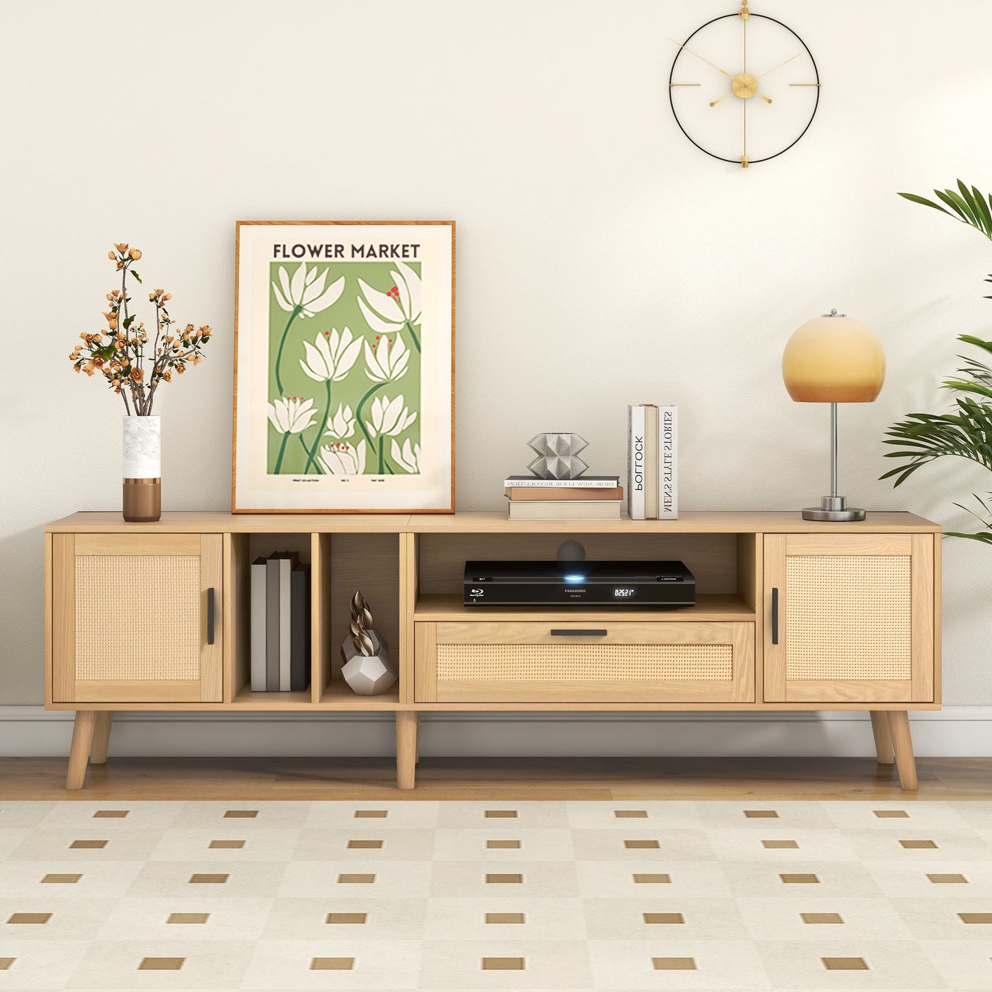 Vine TV Stand — 2 Cabinets, 2 Open Shelves, Solid Wood Legs (Up to 80" TVs) - CALCUMART