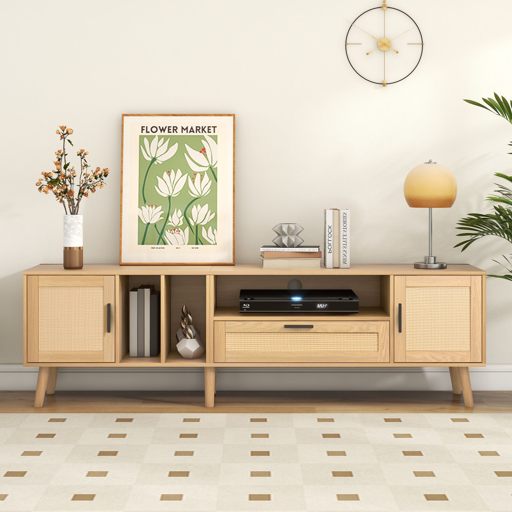 Vine TV Stand — 2 Cabinets, 2 Open Shelves, Solid Wood Legs (Up to 80" TVs) - CALCUMART