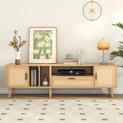 Vine TV Stand — 2 Cabinets, 2 Open Shelves, Solid Wood Legs (Up to 80" TVs) - CALCUMART