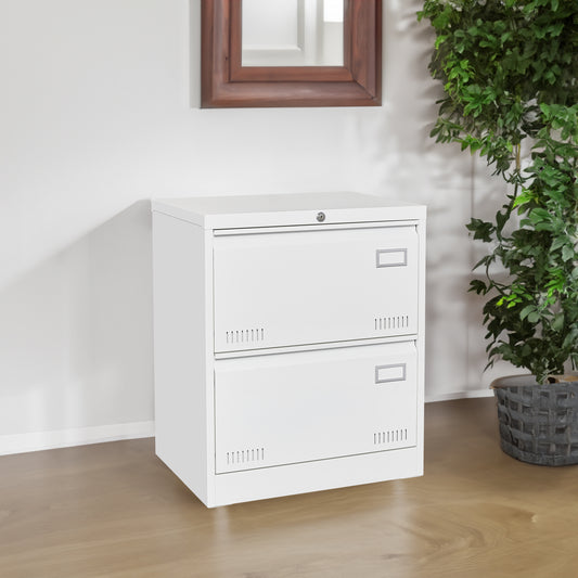 White Horizontal File Cabinet w/Lock - 2 Drawer Metal Filing Cabinet for Legal Documents & Office Use - CALCUMART