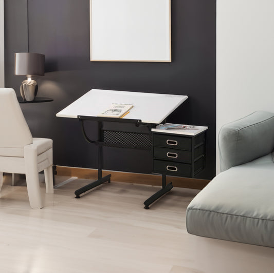 Versatile White Drafting Table w/ Adjustable Top, Stool & 3 Drawers - CALCUMART