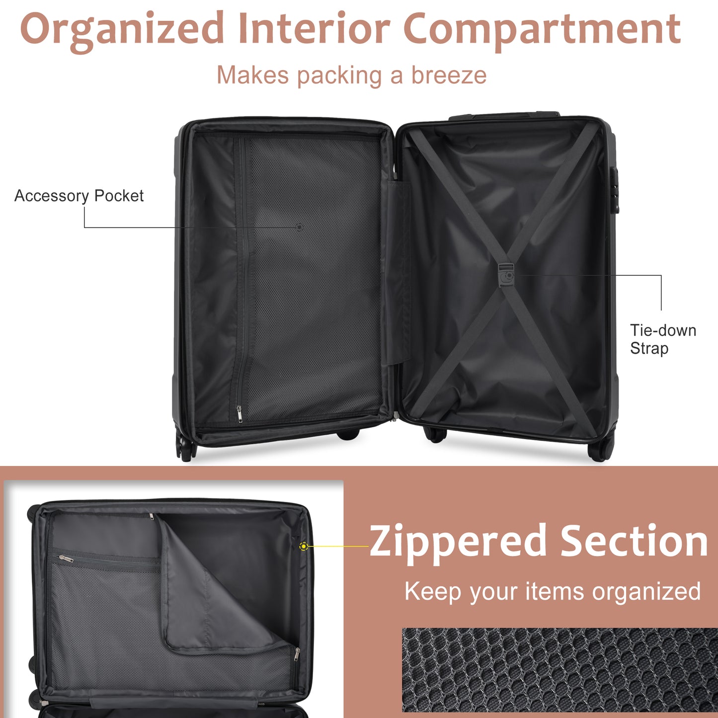 24'' Lightweight Expandable Hardshell Spinner Suitcase, ABS, Brown & White, w/TSA Lock (Single Luggage) - CALCUMART