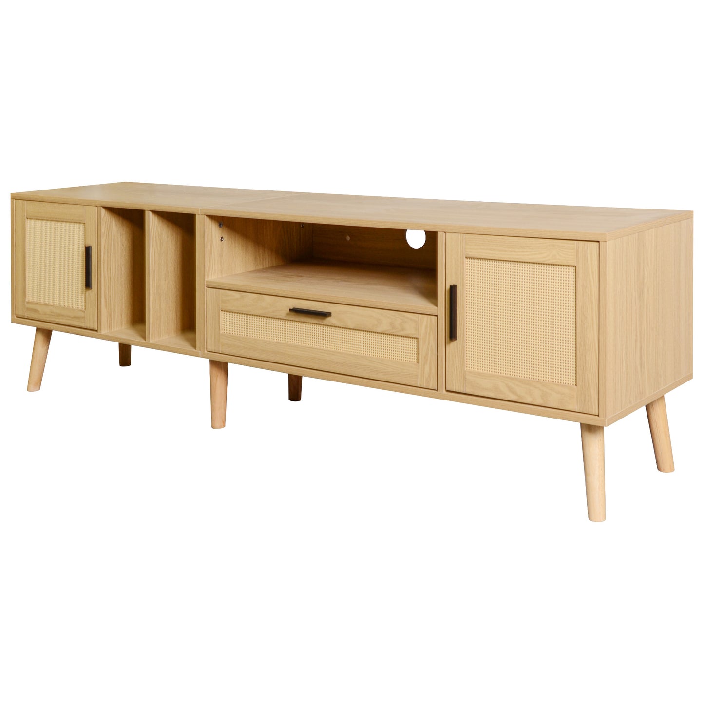 Vine TV Stand — 2 Cabinets, 2 Open Shelves, Solid Wood Legs (Up to 80" TVs) - CALCUMART