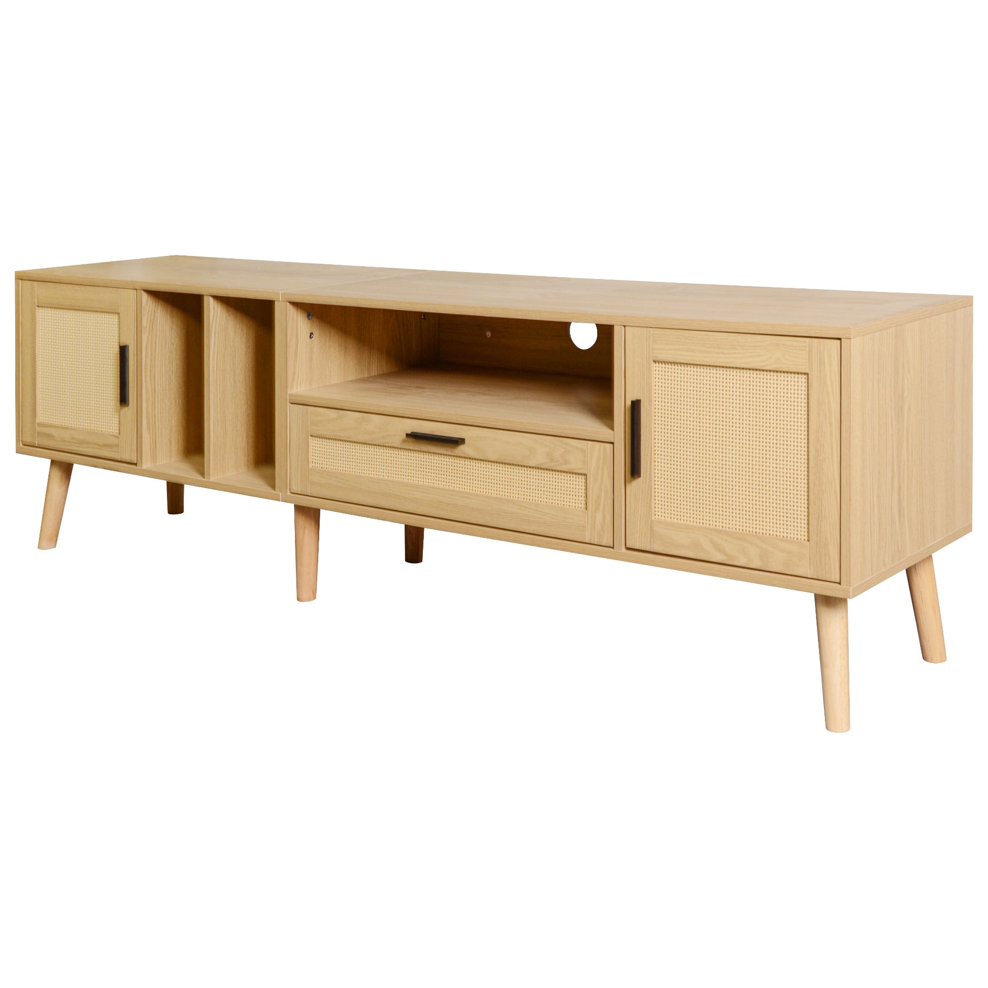 Vine TV Stand — 2 Cabinets, 2 Open Shelves, Solid Wood Legs (Up to 80" TVs) - CALCUMART