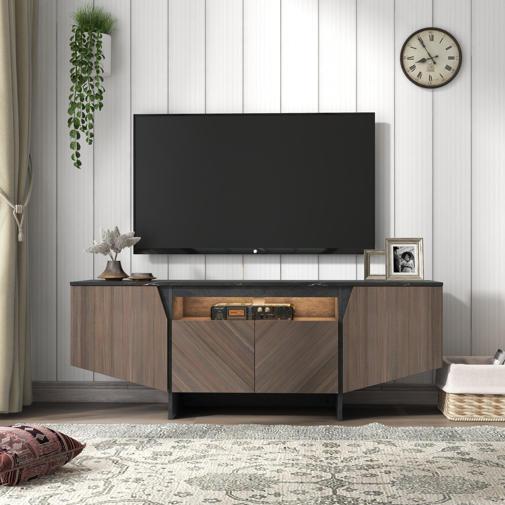 63-Inch TV Stand with LED Lights, Storage Cabinet, Shelves — Entertainment Center for Living Room & Bedroom - CALCUMART