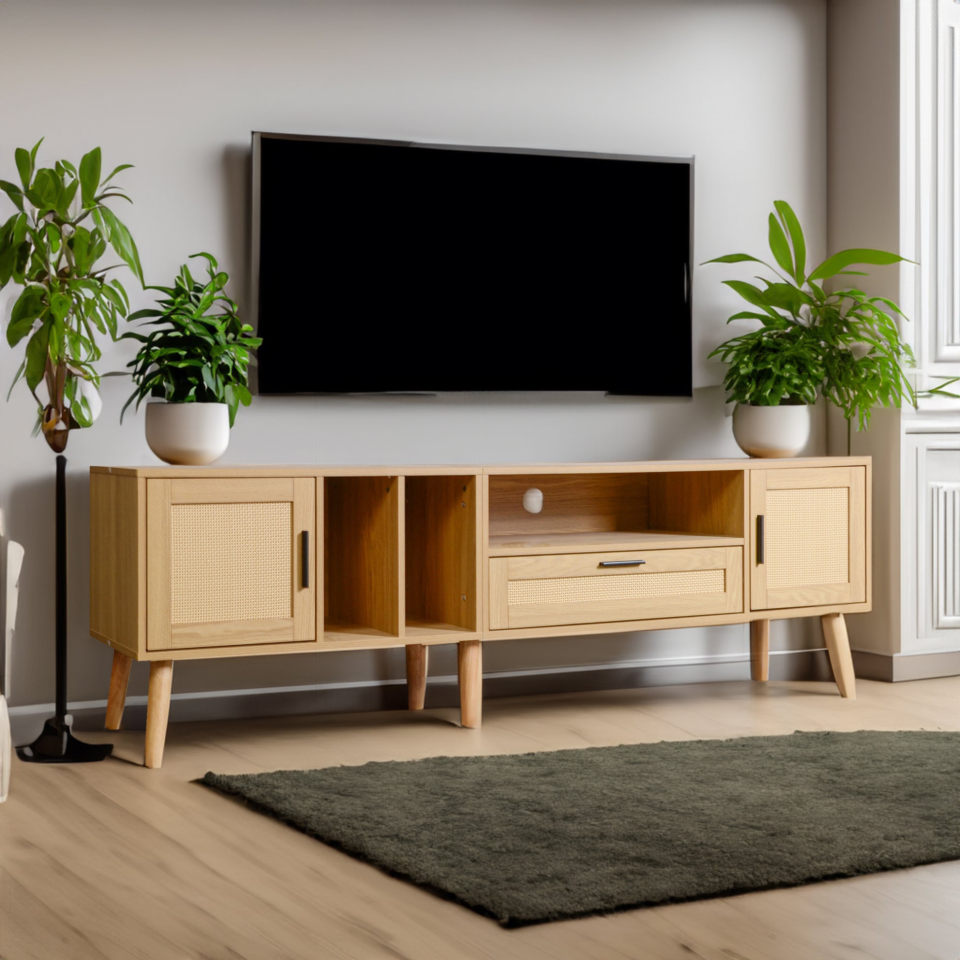 Vine TV Stand — 2 Cabinets, 2 Open Shelves, Solid Wood Legs (Up to 80" TVs) - CALCUMART