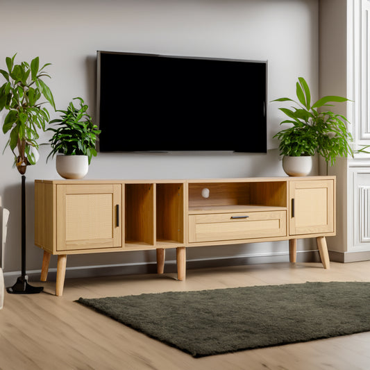 Vine TV Stand — 2 Cabinets, 2 Open Shelves, Solid Wood Legs (Up to 80" TVs) - CALCUMART