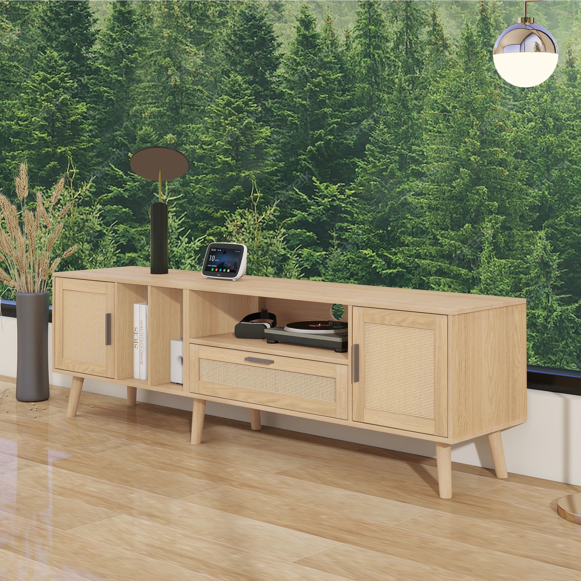Vine TV Stand — 2 Cabinets, 2 Open Shelves, Solid Wood Legs (Up to 80" TVs) - CALCUMART