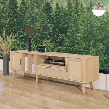 Vine TV Stand — 2 Cabinets, 2 Open Shelves, Solid Wood Legs (Up to 80" TVs) - CALCUMART