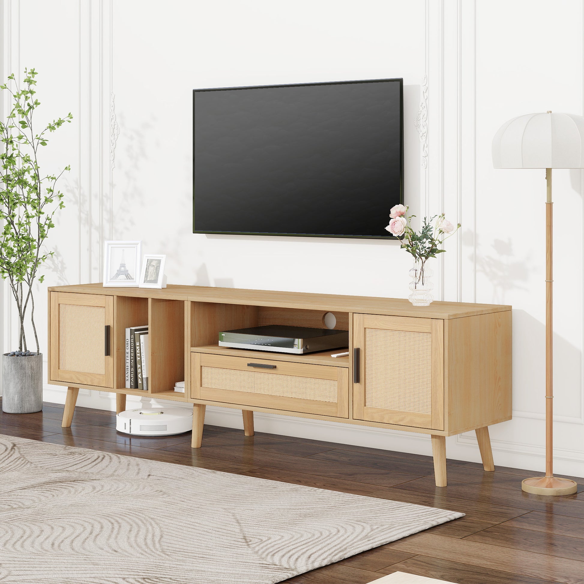 Vine TV Stand — 2 Cabinets, 2 Open Shelves, Solid Wood Legs (Up to 80" TVs) - CALCUMART