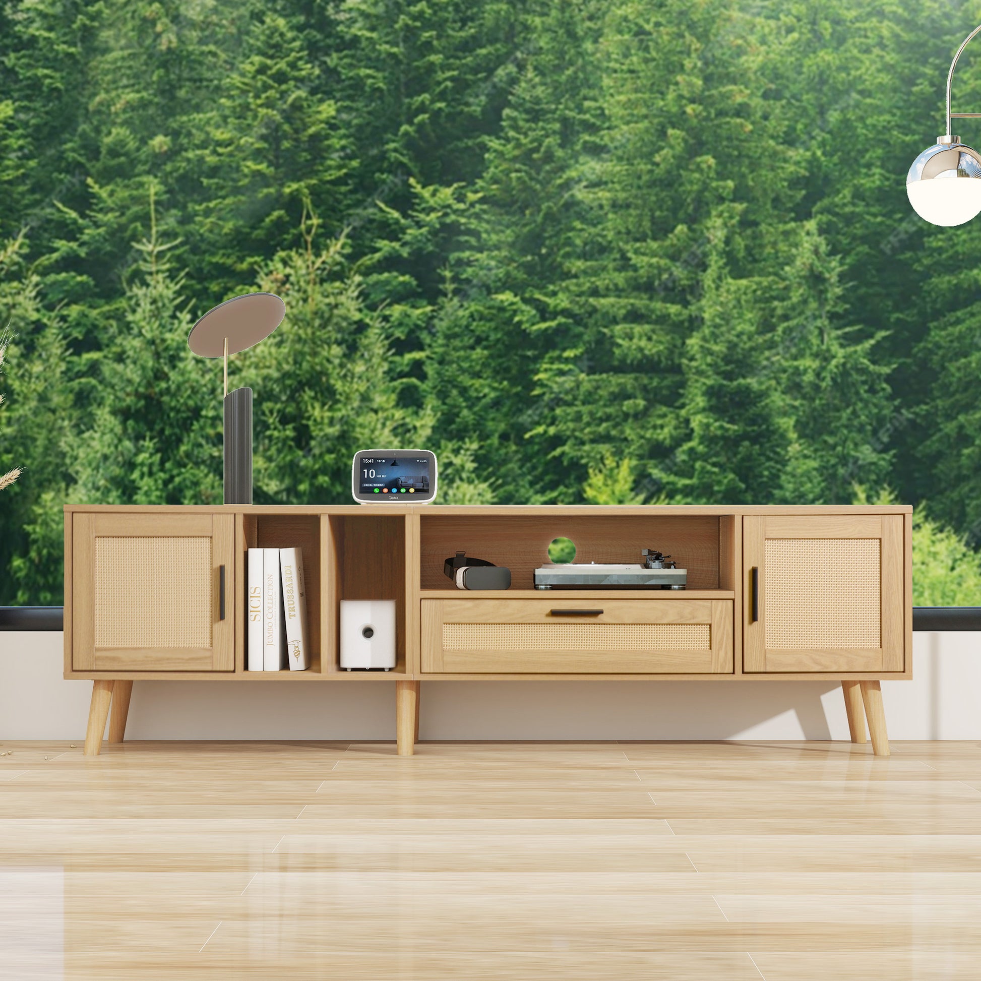 Vine TV Stand — 2 Cabinets, 2 Open Shelves, Solid Wood Legs (Up to 80" TVs) - CALCUMART