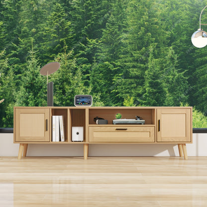 Vine TV Stand — 2 Cabinets, 2 Open Shelves, Solid Wood Legs (Up to 80" TVs) - CALCUMART