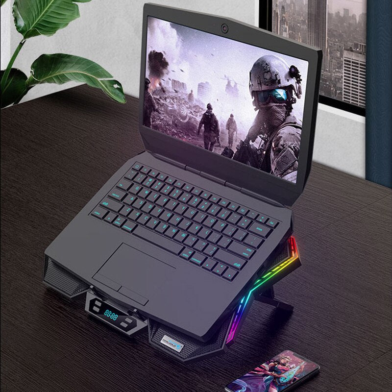 Gaming Laptop Cooler with Six Fans, Two USB Ports, LED RGB Lighting, and Notebook Stand for 12-17 Inch Laptops - CALCUMART