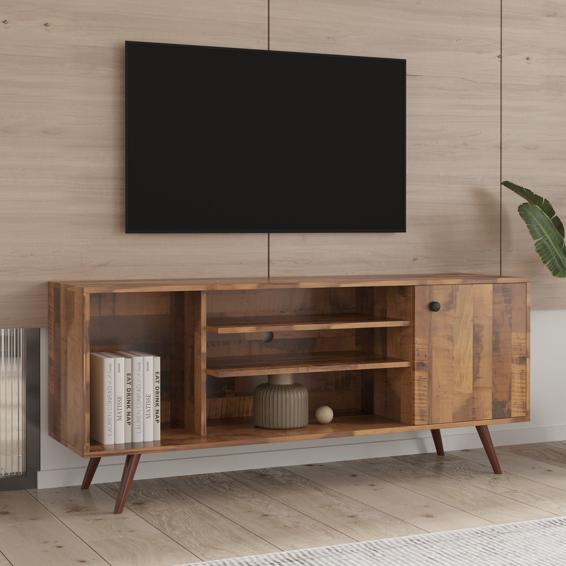 Premium TV Stand w/ High-Quality Particle Board and Fir Wood, 1 Storage Cabinet & 2 Shelves - CALCUMART