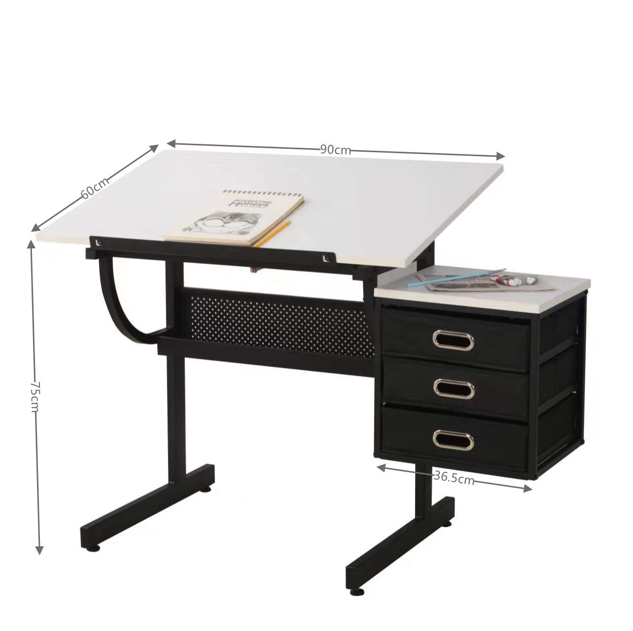Versatile White Drafting Table w/ Adjustable Top, Stool & 3 Drawers - CALCUMART