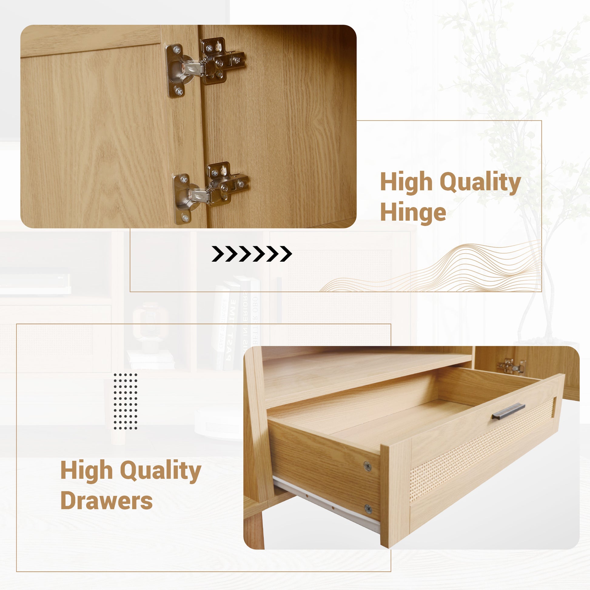 Vine TV Stand — 2 Cabinets, 2 Open Shelves, Solid Wood Legs (Up to 80" TVs) - CALCUMART