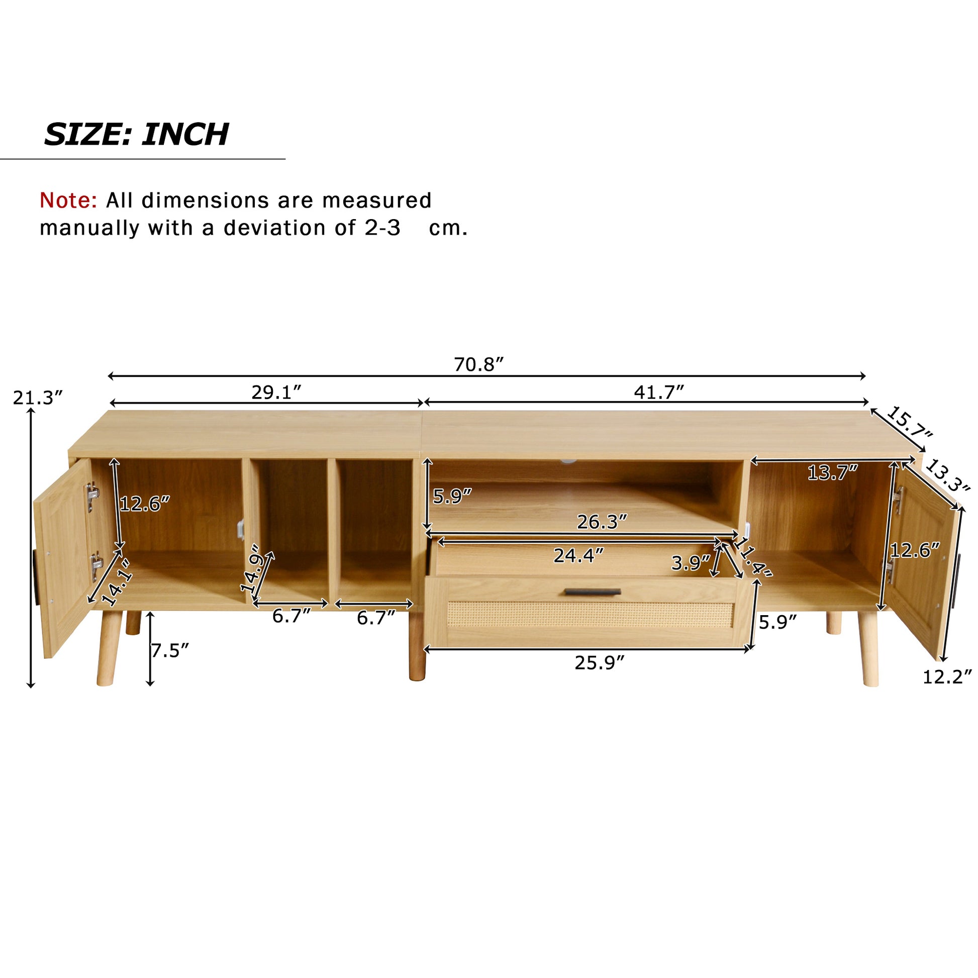 Vine TV Stand — 2 Cabinets, 2 Open Shelves, Solid Wood Legs (Up to 80" TVs) - CALCUMART