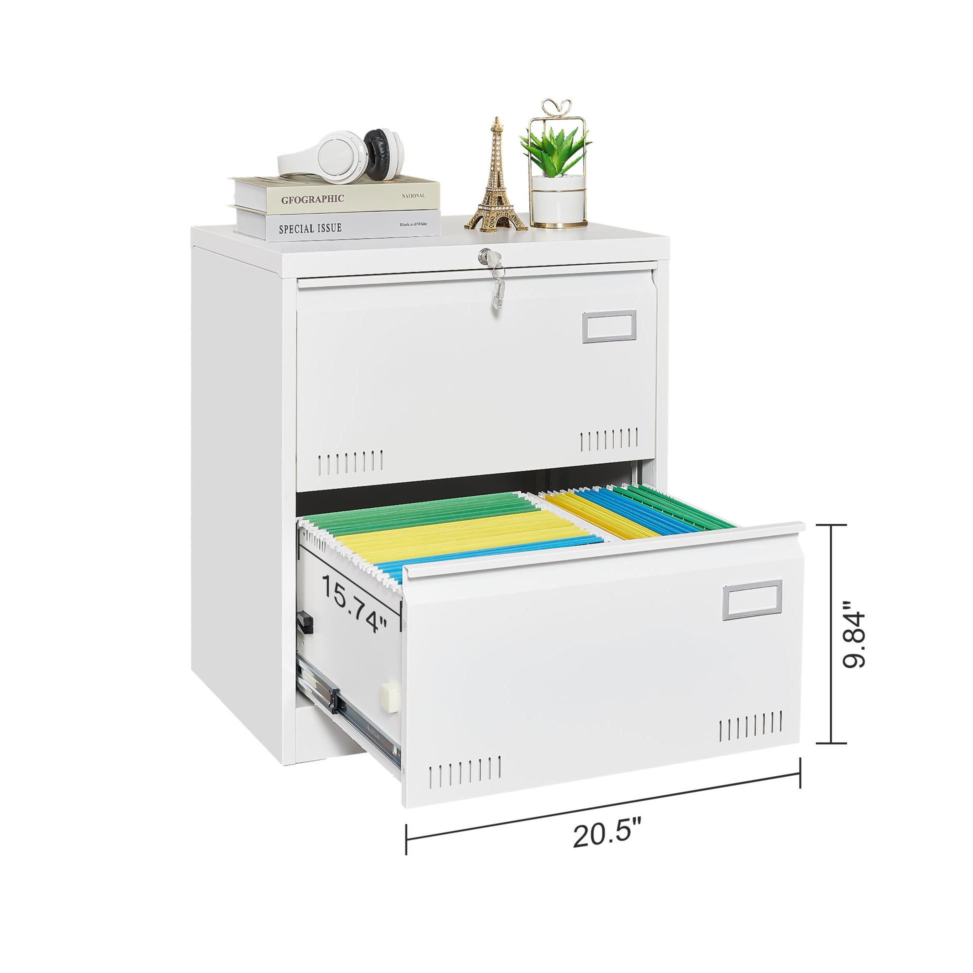 White Horizontal File Cabinet w/Lock - 2 Drawer Metal Filing Cabinet for Legal Documents & Office Use - CALCUMART