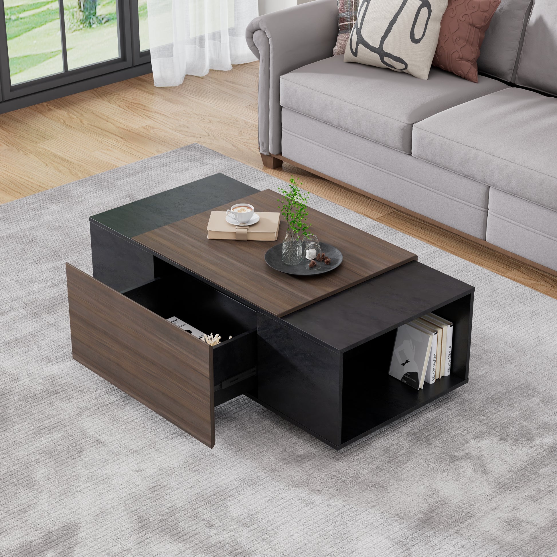 47-Inch Modern Farmhouse Drawer Coffee & Texture Black Table for Living Room or Office - CALCUMART
