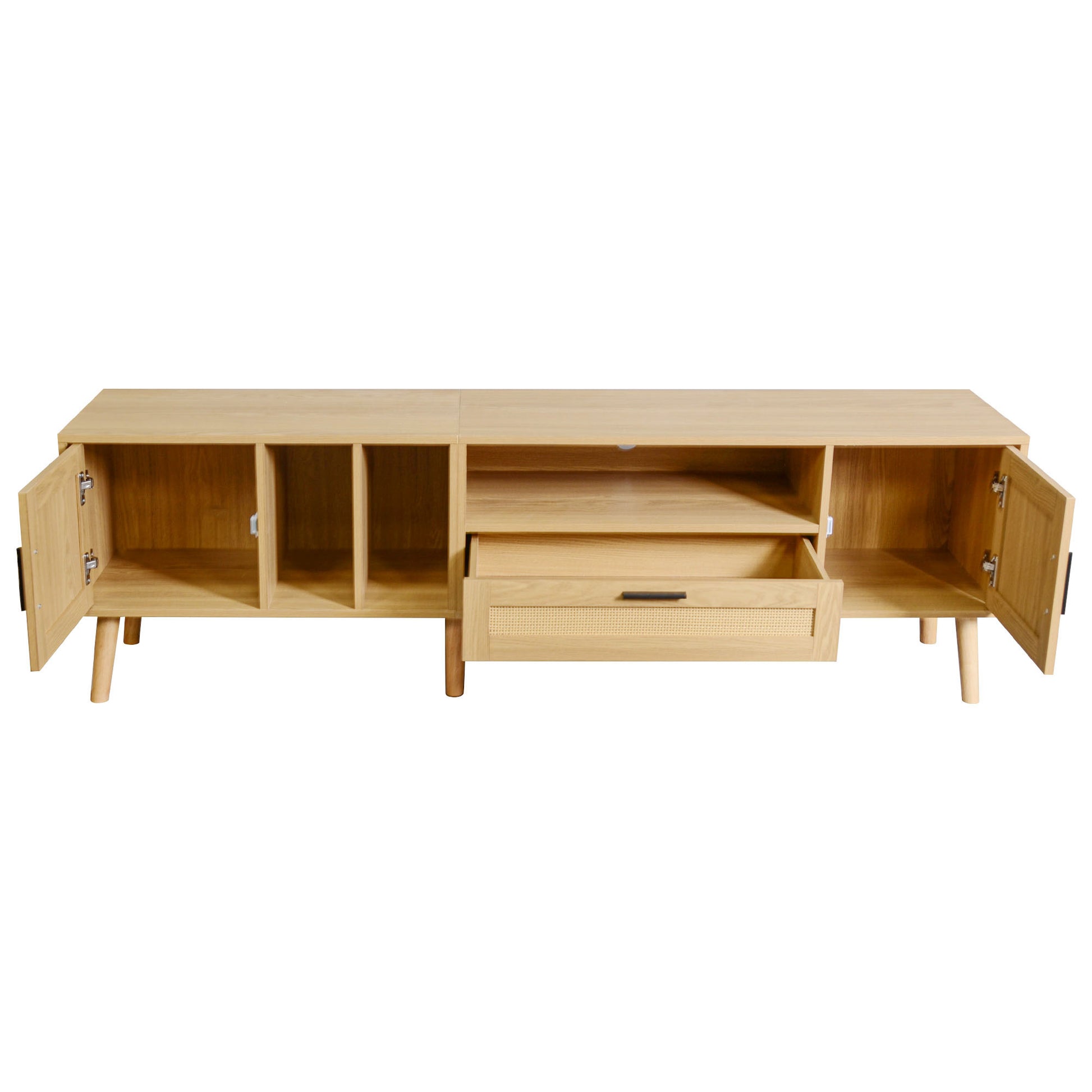 Vine TV Stand — 2 Cabinets, 2 Open Shelves, Solid Wood Legs (Up to 80" TVs) - CALCUMART