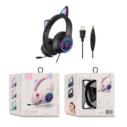 AKZ-023 RGB Luminous Cat Ear Wired Headset with USB Sound Card - Gaming and Learning Headset - CALCUMART