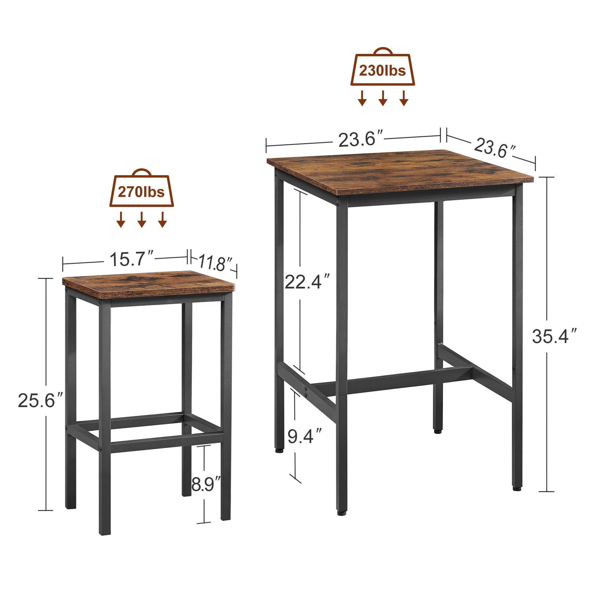 Industrial Style 3-Piece Bar Table Set, Rustic Brown and Black - CALCUMART